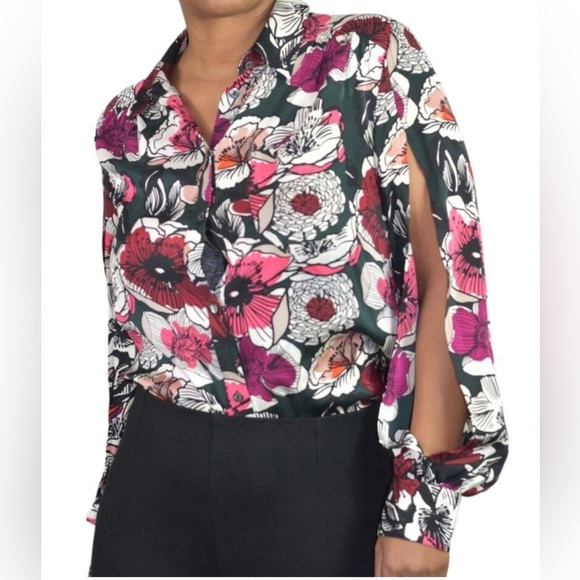 Trina Turk Silk Green Floral Split Sleeve Acacia Melrose Botanical Blouse - Picture 12 of 14